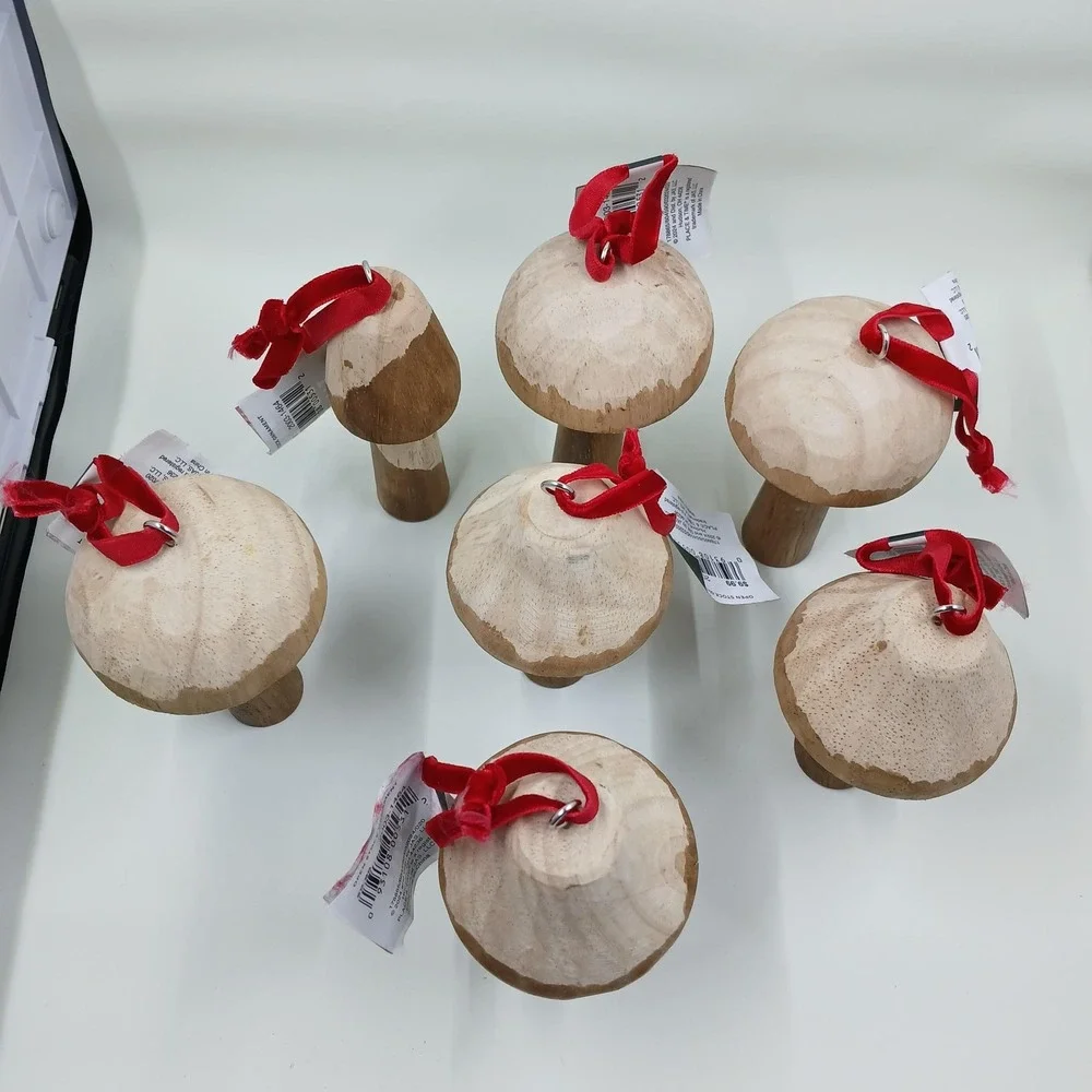 Place & Time Wooden Mushroom Christmas Ornaments Set Of 7 Rustic‎ Decor Holiday
